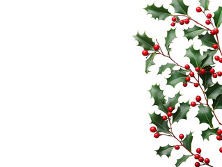 Holly leaves with red berries isolated on transparent background with copy space