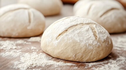 Fototapeta premium Freshly Prepared Dough Balls Ready for Baking on a Wooden Surface with Flour Dusting and Kitchen Tools in the Background for Culinary Use