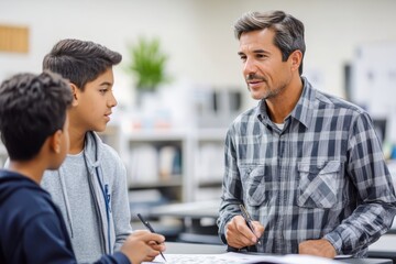 Classroom Education. Man teaching teenage boys with notebooks in class