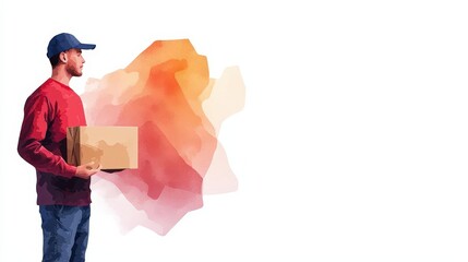 Deliveryman with package, abstract watercolor design, isolated on white background