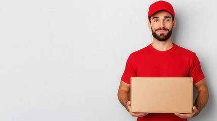 Deliveryman presenting a parcel, highres photo with soft shadows, isolated on white background