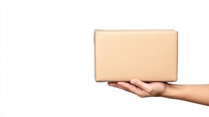 Hands delivering a package, ultrarealistic photography, isolated on white background