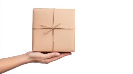 Hands handing a package, photorealistic closeup, isolated on white background