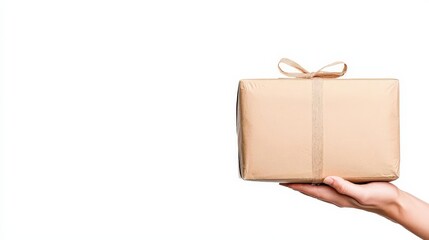 Hands delivering a package, ultrarealistic photography, isolated on white background
