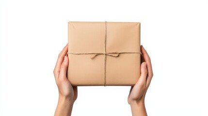 Hands handing a package, photorealistic closeup, isolated on white background
