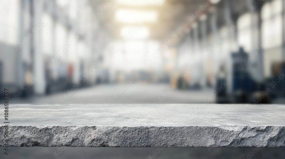 Poster a close view of a stone countertop in an expansive industrial workspace illuminated by soft daylight