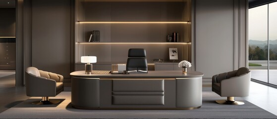 Modern office interior with elegant furniture and natural light.