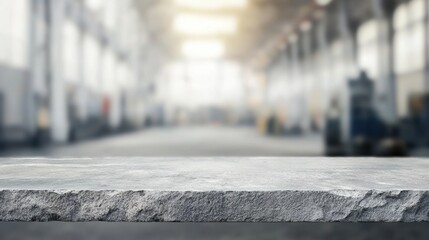 A close view of a stone countertop in an expansive industrial workspace illuminated by soft daylight