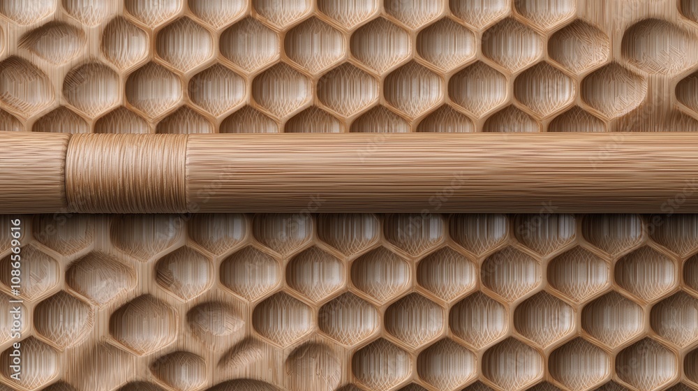 Poster close-up view of intricate honeycomb design with a bamboo rolling pin on natural wood background, sh