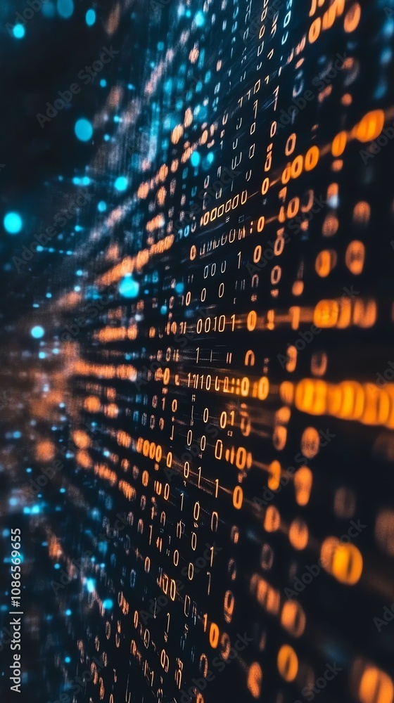 Poster Abstract digital background with glowing binary code, representing data flow and digital transformation.