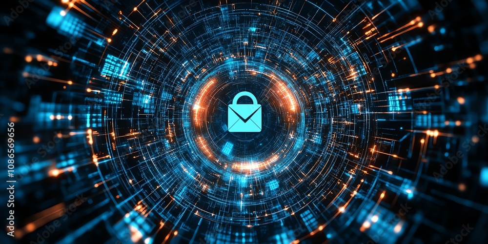 Poster abstract digital background with a glowing padlock and envelope icon in the center of a futuristic t