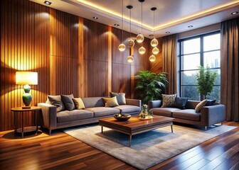 Fototapeta premium Modern Luxury Living Room, Wood Wall, Low Light, Interior Design