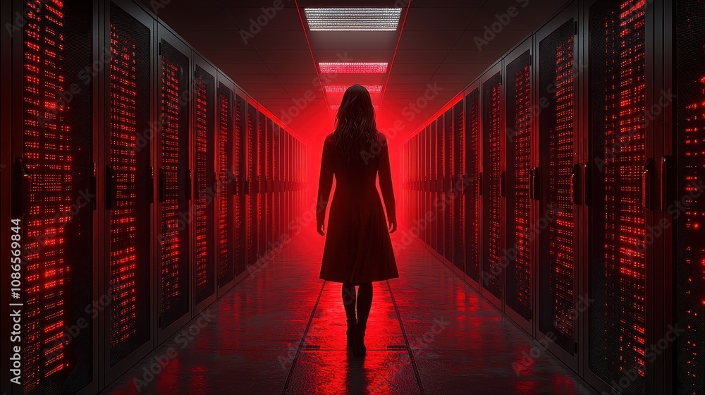 Poster mysterious figure in silhouette walking through red-lit server room surrounded by technology and dat