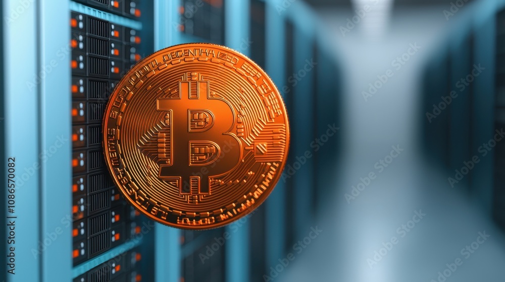 Poster digital cryptocurrency concept featuring a glowing bitcoin emblem with a backdrop of a high-tech ser