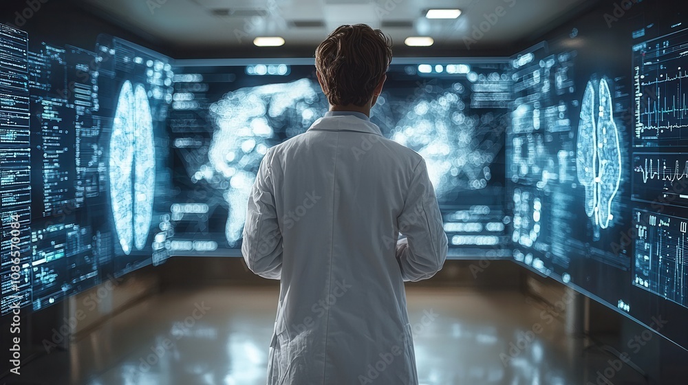 Aufkleber scientist in laboratory examining advanced data visualizations of brain scans and medical metrics on