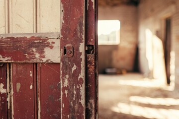 Rustic Wooden Door with Peeling Paint in a Bright Abandoned Room