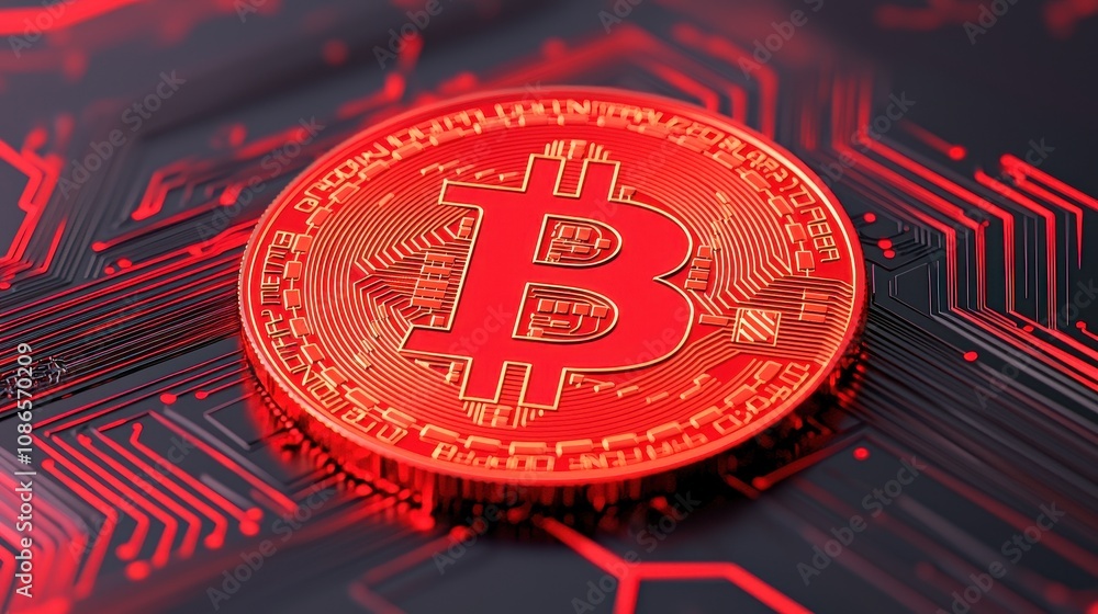 Poster red bitcoin cryptocurrency coin on circuit board background with glowing effects representing digita