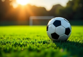 Fototapeta premium textured soccer game field with soccer ball by sun light. - center, midfield 