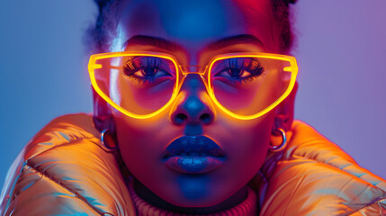 long exposure fashion women model wearing futuristic puffer and glasses, glowing neon accents foggy surreal minimal