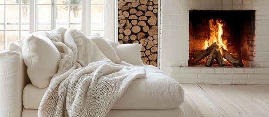 Fototapeta premium White sofa and fireplace setting in a minimalist room, perfect for cold seasons.