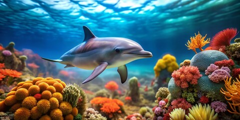 Fototapeta premium Red Sea Dolphin Tilt Shift AI Photo, Stunning Underwater Scene, Artistic Perspective