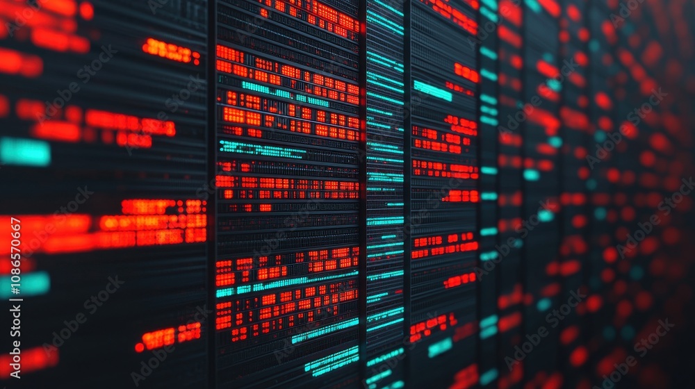 Poster abstract visualization of digital data streams showcasing vibrant red and blue colors against a dark