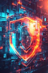 Futuristic Data Security Shield: Icon of a shield with a holographic digital overlay, representing advanced security in a sleek, high-tech style. 