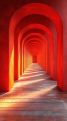 A vibrant corridor with red arches and warm lighting.