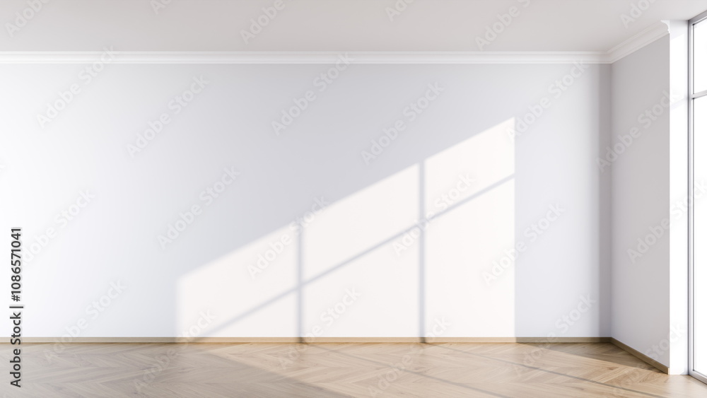 Poster spacious, empty room features a light-colored wall and wooden floor. bright natural light streams in