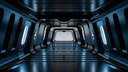 Fototapeta premium futuristic corridor features smooth lines and illuminated walls creating a high-tech atmosphere. sleek design emphasizes a clean and modern aesthetic, leading to a bright end