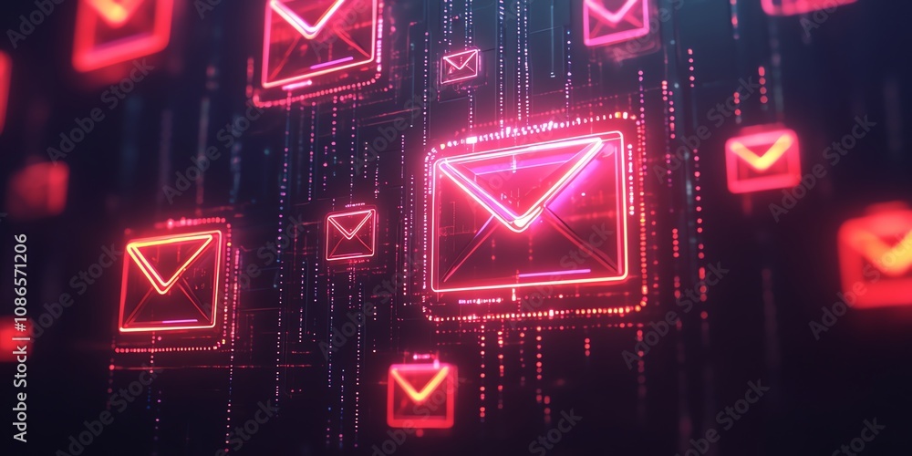 Fototapete abstract digital glowing neon red mail icons floating in a digital space with lines of code.