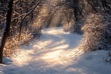 a snowy path winding through a quiet forest sunlight filtering through the branches creating a serene and magical winter scene
