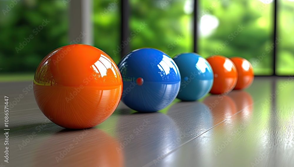Poster glossy spheres in a row, creating a visually interesting pattern. this photo is perfect for showcasi