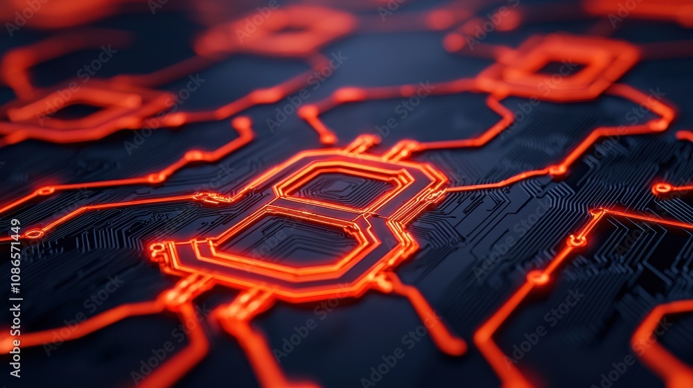Aufkleber abstract close-up of a futuristic digital circuit board design with glowing orange lines and geometr
