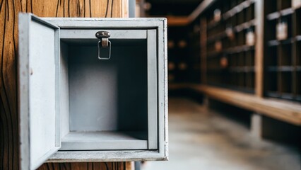 Empty Metal Mailbox with Lock in Front of Storage Lockers