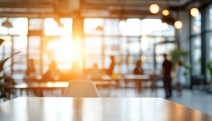 A bright morning at a modern workspace with people collaborating in a sunlit environment