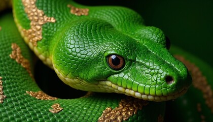 Obraz premium Green snake in an elegant mood with intricate gold patterns on its scales