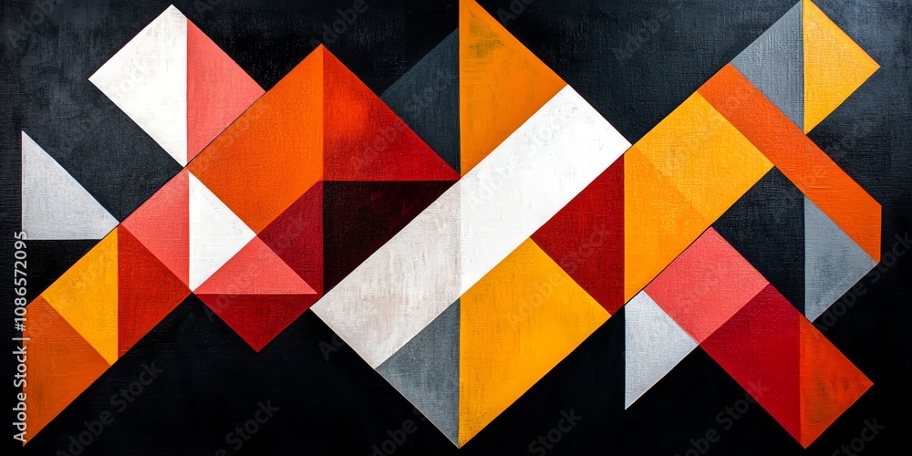 Aufkleber abstract geometric pattern with orange, red, white and gray triangles on black background.