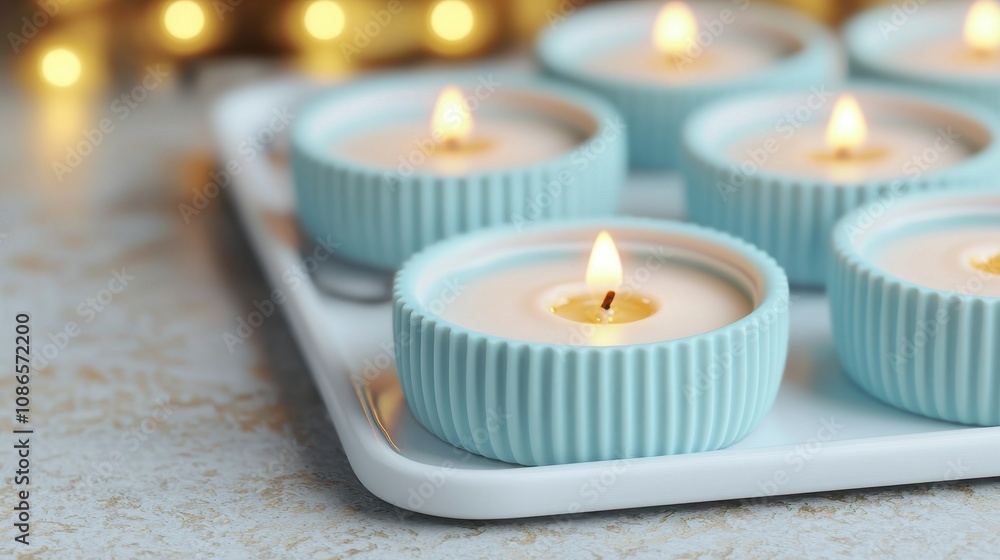 Poster tranquil scene of blue tealight candles illuminating a soft background with subtle bokeh effect for 