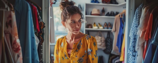 Fototapeta premium Fashionable woman selecting dress in chic wardrobe