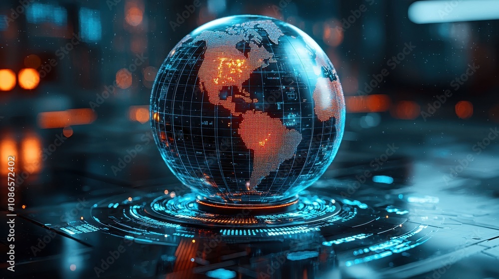 Poster futuristic digital globe visualization featuring north and south america with illuminated geometric 