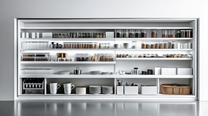 Minimalist stock cupboard, white shelves, matching containers, subtle labels, clutter-free and streamlined 