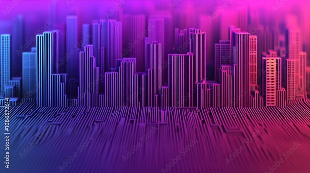 Poster abstract cityscape in neon colors with stylized buildings and ground patterns, creating a futuristic