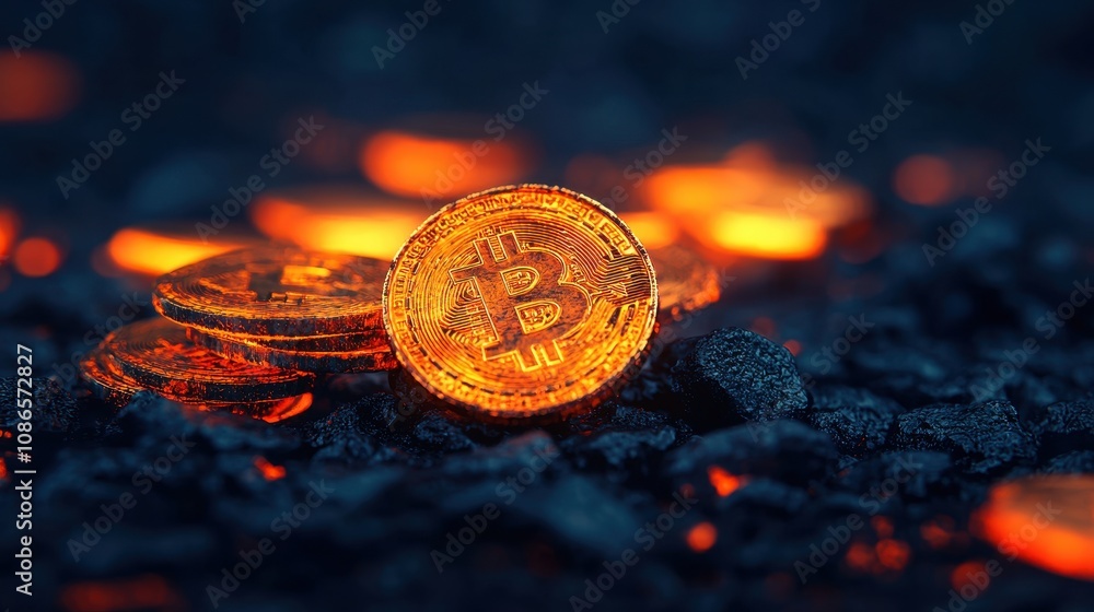 Poster digital currency symbol of bitcoin amidst glowing ember background representing cryptocurrency inves