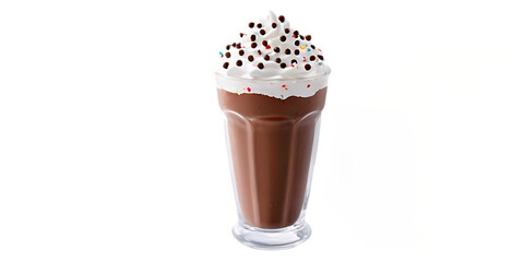 Fototapeta premium A creamy chocolate milkshake in a tall glass topped with whipped cream, chocolate syrup, and sprinkles, isolated on a transparent background.