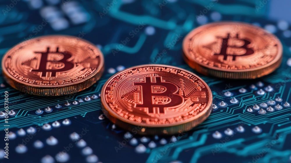 Poster close-up of three bitcoin coins on a circuit board background representing digital currency and bloc
