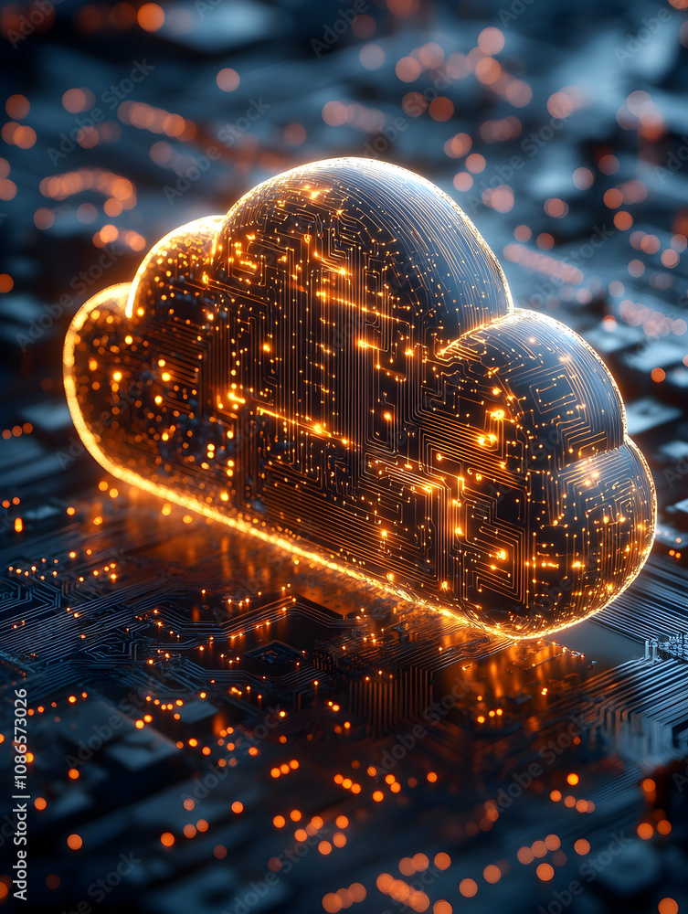 Poster glowing cloud computing symbol on circuit board.