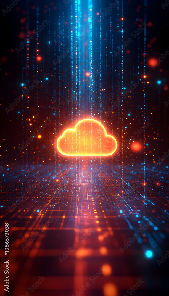 Poster glowing cloud symbol over digital data streams.
