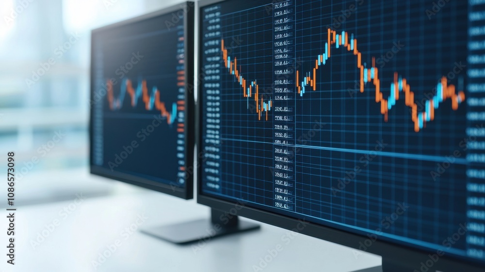 Poster close-up of financial market data on dual computer screens displaying stock price trends, analyzing 