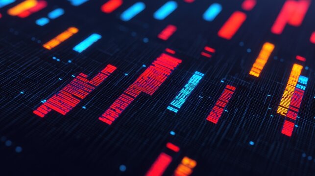 Colorful Abstract Digital Data Visualization with Vivid Red, Blue, and Yellow Lines on a Dark Background for Technology, Science, and Digital Art Concepts